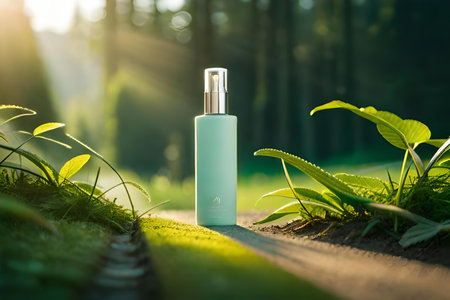 Cosmetic bottle on green grass in sunlight. Beauty and skin care conceptの素材