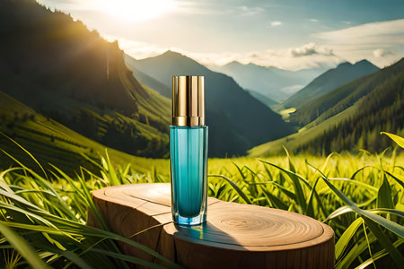 Perfume bottle on wooden table in green tea field at sunset.の素材