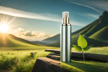 Cosmetic bottle on the background of green grass and mountains. Beauty concept.の素材