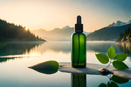 Green glass dropper bottle with a pipette and green leaves on the background of the lake.の素材