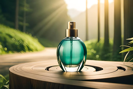 Perfume bottle on wooden table in the garden. Beauty and spa concept. 3D Renderingの素材