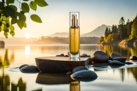 Perfume bottle on the wooden table on the lake and mountain backgroundの素材