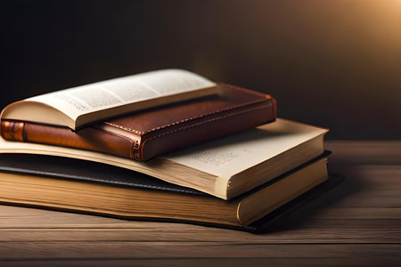 Open book on wooden table with sunlight. Back to school concept.の素材
