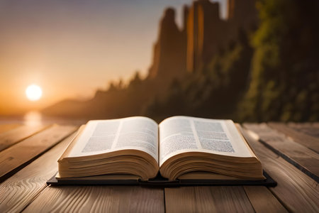 Open book on wooden table with beautiful view of the sunset in the backgroundの素材
