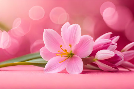 pink crocus flowers on pink background with bokeh effectの素材