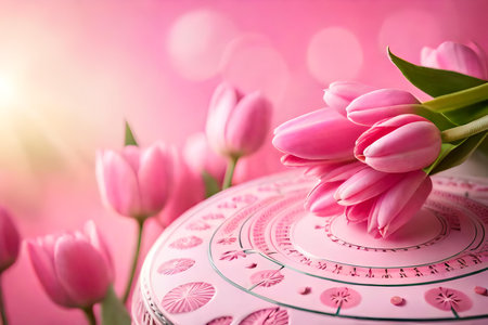 Bouquet of pink tulips on a pink background with bokehの素材