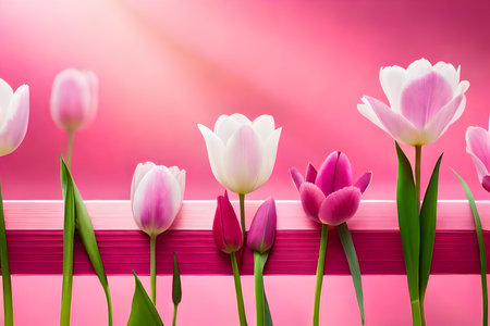 Tulips on pink background. Spring flowers. Tulips on pink background.の素材
