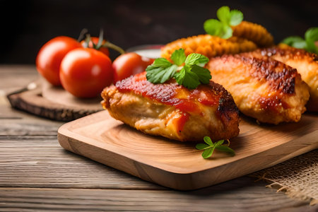 Fried chicken wings with tomato sauce and parsley on wooden boardの素材