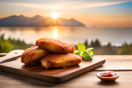 Cottage cheese pancakes with ketchup on a wooden board on the background of the lake.の素材