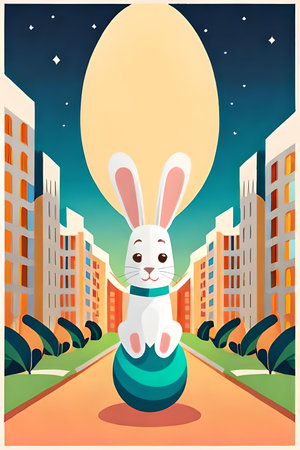 Rabbit and ball in the city at night. Vector illustration.の素材
