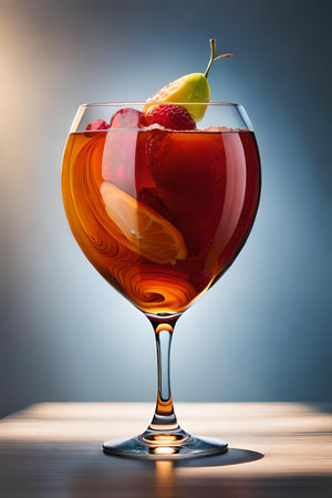 Refreshing sangria with fruits in a glass on a blue backgroundの素材