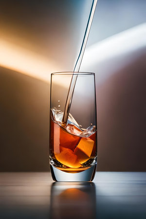 whiskey is poured into a glass on a dark background.の素材