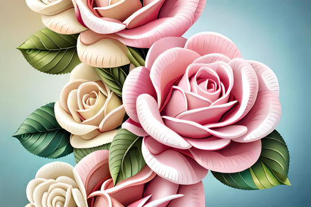 3d illustration of pink and white roses with green leaves on blue backgroundの素材