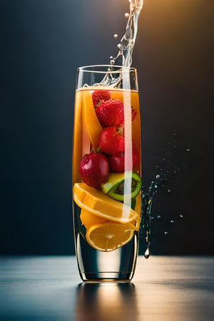 Fresh fruit in a glass with splashing water on a dark backgroundの素材