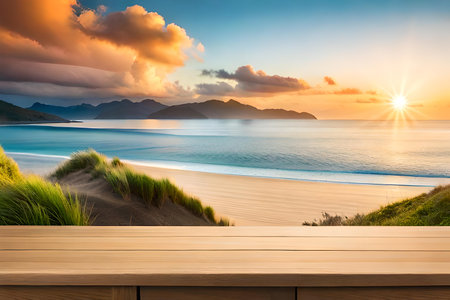 Wooden table top on sand dunes beach at sunset. Collage.の素材