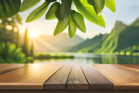 Wooden table top on blurred green nature background. For product displayの素材