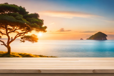 Wood table top on sea sunset background - can be used for display or montage your productsの素材