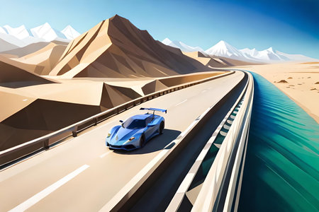 Highway in the desert with a blue car. 3d renderの素材