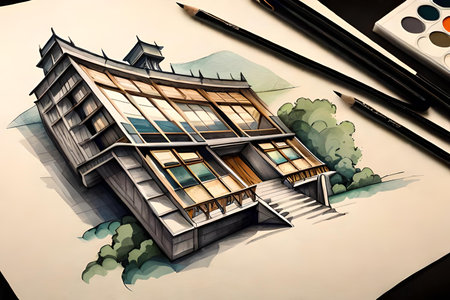 Sketch of a modern house. Drawing and painting on paper.の素材