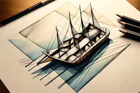 Sketch of a ship on a sheet of paper with pencilsの素材