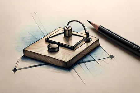 Wooden stamp and pencil on a white background. 3d renderingの素材