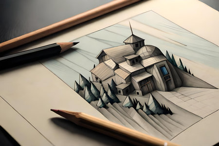 drawing of a wooden house on a black background with pencilsの素材