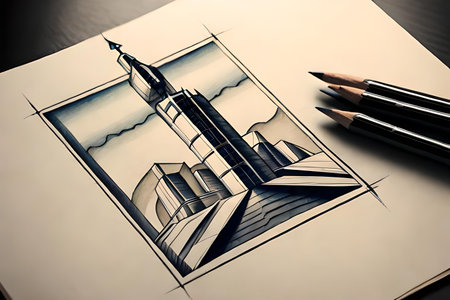Architectural drawing of a skyscraper with pencils on paperの素材