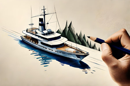 Close up of human hand drawing sketch of boat on water. Mixed mediaの素材