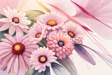 Pink daisies on a white background. 3d illustration.の素材