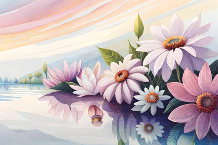 Watercolor painting of flowers on the background of the sky with clouds.の素材