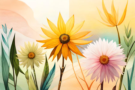 Beautiful floral background with daisies and leaves, vector illustrationの素材