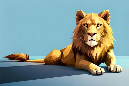 Low poly lion on blue background, low polygon style illustration.の素材