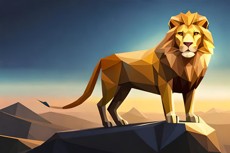 Lion in low poly style on top of mountain, vector illustrationの素材