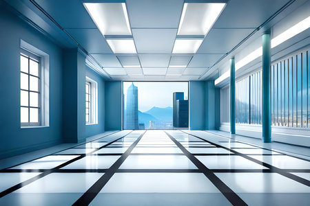 Empty interior of modern office with blue walls and floor. 3d renderingの素材