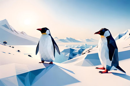 Penguins on ice floe, low poly style vector illustrationの素材