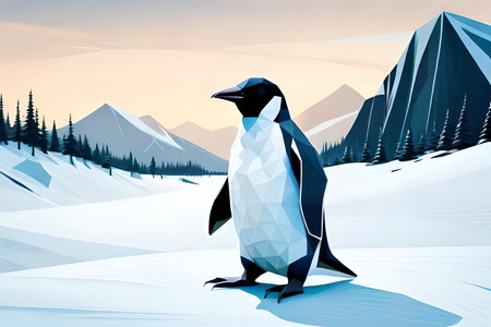 penguin in the snow with mountains in the background. 3d illustrationの素材