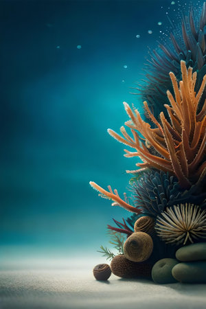 Underwater still life with corals and stones on a blue backgroundの素材