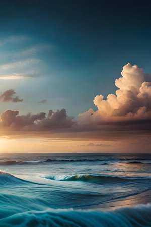 Beautiful seascape at sunset. Dramatic sky with glowing clouds.の素材