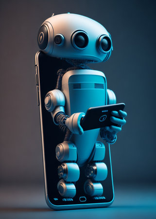 3d rendering artificial intelligence robot with mobile phone on blue background.の素材