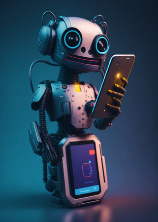 Robot with mobile phone on blue background. 3d illustration.の素材