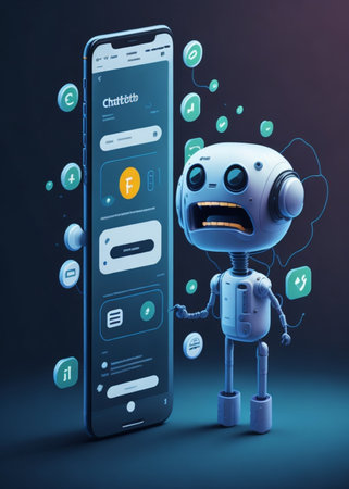 3D rendering of a robot with a mobile phone on a dark backgroundの素材