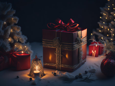 Christmas background with burning candles, gift boxes, Christmas tree and decorationsの素材