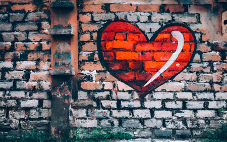 Red heart on a brick wall. The concept of love and romance.の素材