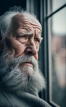 Portrait of an old man with gray beard and mustache looking out the window.の素材