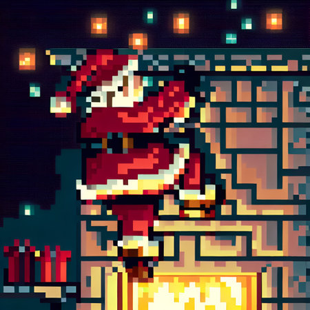 Illustration of a pixelated Santa Claus in front of a fireplaceの素材