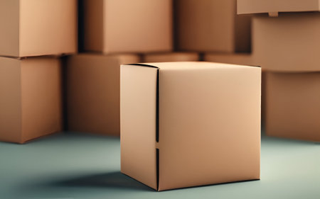 Stack of cardboard boxes on blue background. 3D Rendering.の素材