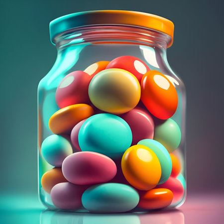Glass jar full of colorful easter eggs. 3D illustration.の素材
