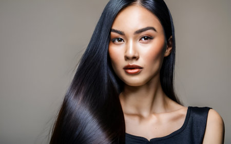 Beautiful young asian woman with long straight healthy hair. Studio shot.の素材