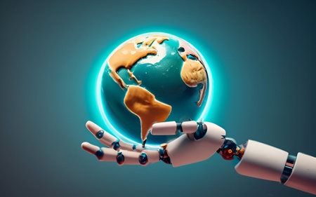 3d rendering robot hand holding earth planet on blue background with copy spaceの素材