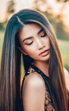 Portrait of a beautiful asian girl with long brown hair.の素材